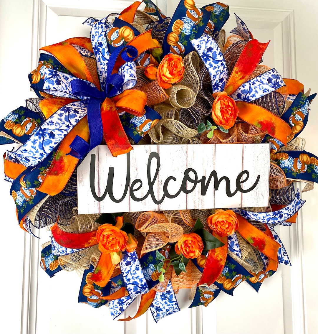 Blue Toile Pumpkin Fall Wreath: Orange Peony, Front Door Decor - Etsy