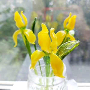 Glass Iris Flower Figurine, Yellow Iris Flower Glass Figurine, Hand Blown Spring Flower