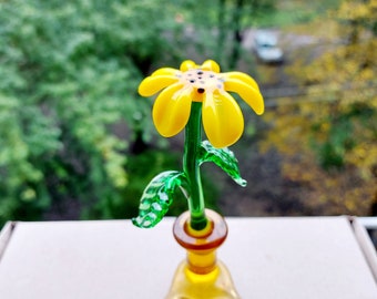 Glass Flower in Pot Figurine, Hand Blown Flower in Pot Glass Figurine, Hand Blown Glass Flower Present