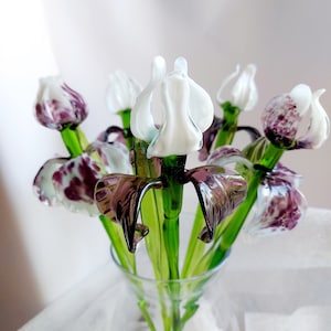 Purple White Glass Iris Flower Hand Blown Glass Iris Flower Figurine Hand Blown Spring Flower