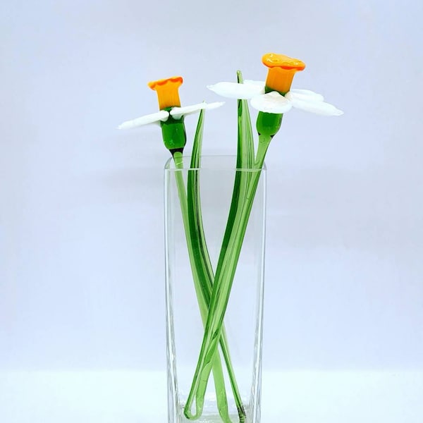 Jonquilles de verre true size, fleurs de Narcisse blanches faites à la main, fleur de printemps soufflée à la main, figurine en verre