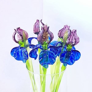 Blue Purple Glass Iris Flower, Blown Glass True Size Iris Flower, Hand Blown Spring Flower