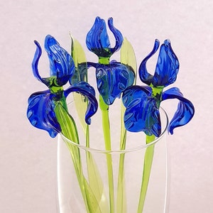 Extra Big True Size Glass Blue Irises on Long Stem, Hand Blown Glass Iris Flowers and Leaf, Hand Blown Spring Flower