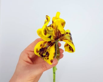 Yellow Tiger Glass Iris Flower, Lampwork Iris Flower, Hand Blown Spring Flower