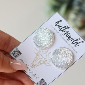 Glitter earrings, glitter stud earrings, white stud earrings, small earrings with glitter, large stud earrings, shiny earrings, gift for girlfriend