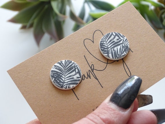 Palm tree earrings, palm leaves, round earrings, black and white earrings, motif earrings, large earrings, small earrings, gift