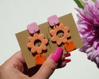 Hanging earrings with flower, Fimo drop earrings, textured earrings, colorful earrings, Mother's Day, colorful nickel-free jewelry, polymer clay