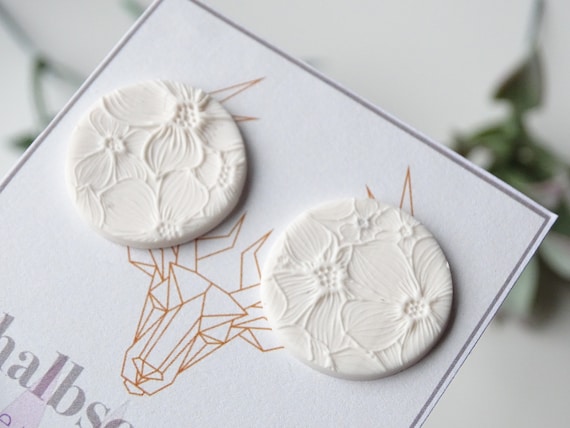 large white earrings, polymer clay earrings, white stud earrings, white earrings, flower earrings, Mother's Day, gift, nickel-free earrings