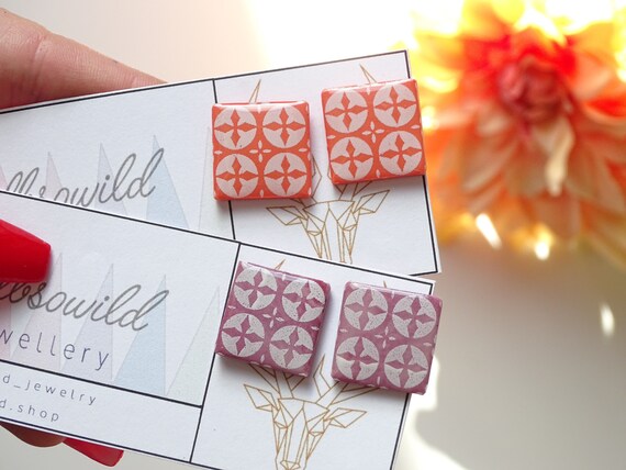 Square Stud Earrings Pattern Earrings Bohemian Earrings Boho Stud Earrings Polymer Clay Jewelry for Girlfriend Gift Mother's Day Gift