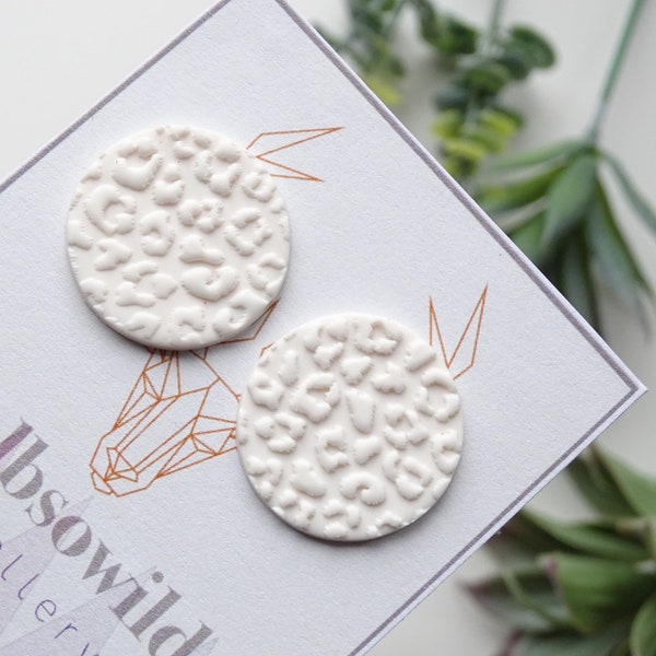 Leopard print earrings, stud earrings with leopard print, white stud earrings, matte white earrings, gift for sister, earrings gift