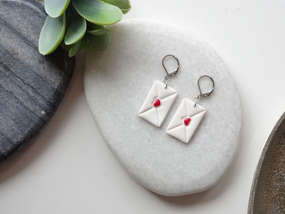 Earrings envelope, light nickel-free earrings, thread earrings, polymer clay earrings, gift for girlfriend, love