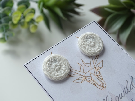 small white earrings, white mandala earrings, matte white stud earrings, fimo earrings, white stud earrings, polymer clay earrings, gift idea