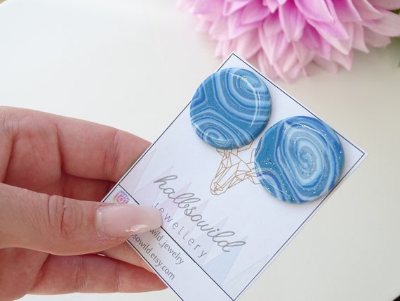 blue glittery polymer clay earrings, earrings with blue waves, gift for girlfriend, lightweight earrings, nickel-free earrings