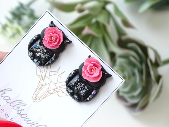Glittering owl earrings, owl stud earrings, owl with flower, flower earrings, lightweight polymer clay earrings, animal earrings for girls