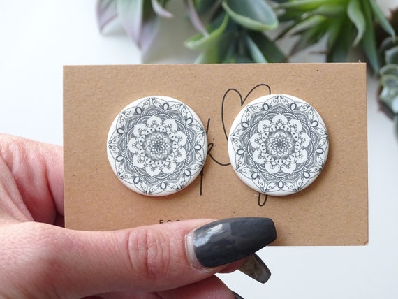 White stud earrings with mandala pattern, boho earrings, spiritual earrings, large stud earrings, minimalist earrings, gift for girlfriend