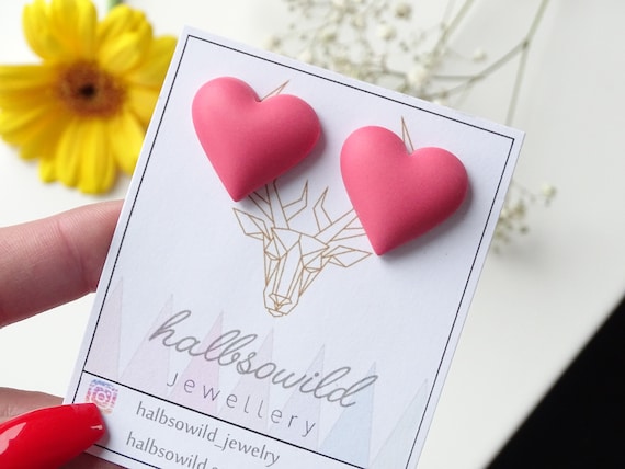 Heart stud earrings, heart earrings, pink heart, heart earrings purple, gift for girlfriend, birthday gift, puffed heart earrings, Fimo