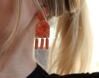 Brown drop earrings, polymer clay earrings, Mother's Day gift, girlfriend gift, elegant lightweight drop earrings, patterned earrings