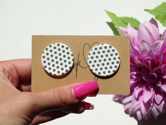 Polka dot earrings, round stud earrings with dots, white earrings with black dots, polymer clay stud earrings, large stud earrings