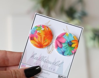 Ronde oorbellen met bloemenpatroon, bloemenoorbellen, cirkelvormig, clipoorbellen, clipoorbellen, oorbellen van polymeerklei, Fimo-oorbellen