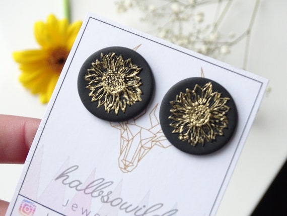 Sunflower earrings, round stud earrings, minimalist earrings, polymer clay earrings, stud earrings for allergy sufferers, flower stud earrings, gold