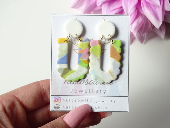 Colorful drop earrings, arch earrings, semicircle stud earrings, nickel-free earrings, Fimo earrings, polymer clay statement earrings, gift