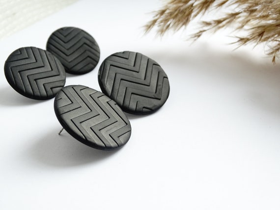 Black earrings, large round earrings, black stud earrings, matte earrings, round minimalist stud earrings, patterned earrings, minimal