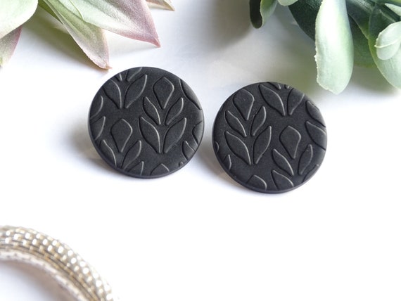 black matte stud earrings, large round stud earrings with pattern, floral pattern,