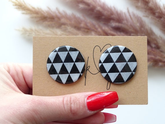 black and white stud earrings, round nickel-free stud earrings, minimalist polymer earrings, geometric statement earrings, gift for girlfriend