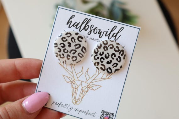 White earrings with leopard pattern, round stud earrings, light earrings nickel-free, shiny stud earrings, black and white earrings, gift