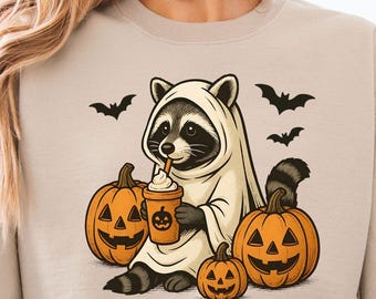 Halloween Waschbär Sweatshirt, Halloween Pullover, Urlaub Kaffee Bekleidung, Gruselige Saison Hoodie, Waschbär Liebhaber Shirt