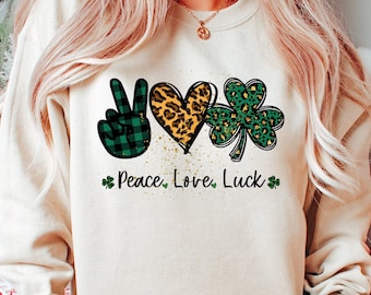 Peace Love Luck Shamrock Retro St Patrick's Day Sweatshirt, Lucky Sweatshirt, Irisches Sweatshirt, St Patrick's Day Vintage Sweatshirt