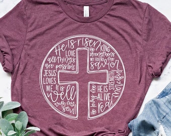 He Is Risen Shirt, Easter Shirt, Cross With Words Shirt,Jesus Lover Shirt,Christian Cross Shirt,Bible Easter Tee,Christian Shirt,Cross Shirt