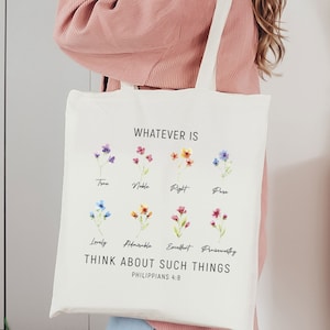 Philippians 4:8 Tote Bag, Bible Tote Bag, Bible Verse Gift, Christian Tote Bag, Cute Christian Gift, Eco Friendly Bag, Basic Shopping Bag