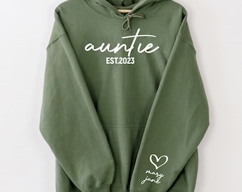 Personalized Auntie Sweatshirt With Kids Name On Sleeve, Mothers Day Hoodie, Custom Est Date Aunt Hoodie, Auntie Sweatshirt, Gift For Auntie