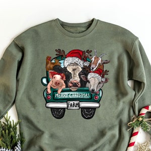 Christmas Farm Animals Sweatshirt, Santa Hat Animal Christmas Hoodie, Christmas Party Animals Sweater, Xmas Cow Sweatshirt, Gift For Farmers