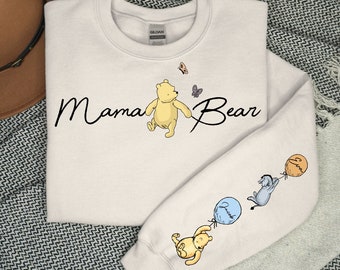 Custom Mama Bear Sweatshirt With Kids Name On Sleeve, Winnie The Pooh Sweater Mothers Day Sweatshirt, Gift For Mother's Day, Mama Hoodie