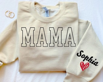 Aangepaste mama-sweater met kindernaam op mouw, Moederdag-hoodie, verjaardagscadeau voor moeder, oma-sweater, cadeau voor mama, mama-trui