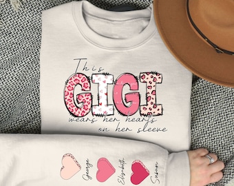 Custom This Gigi Wears Her Heart On Her Sleeve Sweatshirt Gift, Mothers Day Hoodie, Custom Mama Sweatshirt With Kids Name on Sleeve,