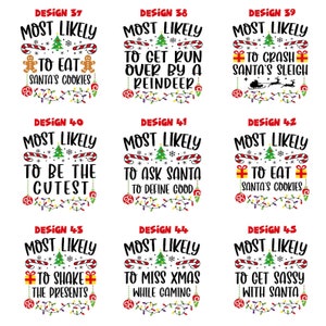 May include: Nine Christmas-themed designs with the text "Most Likely" followed by a humorous Christmas-related phrase. The designs feature a red and green color scheme with candy canes, Christmas trees, and ornaments.