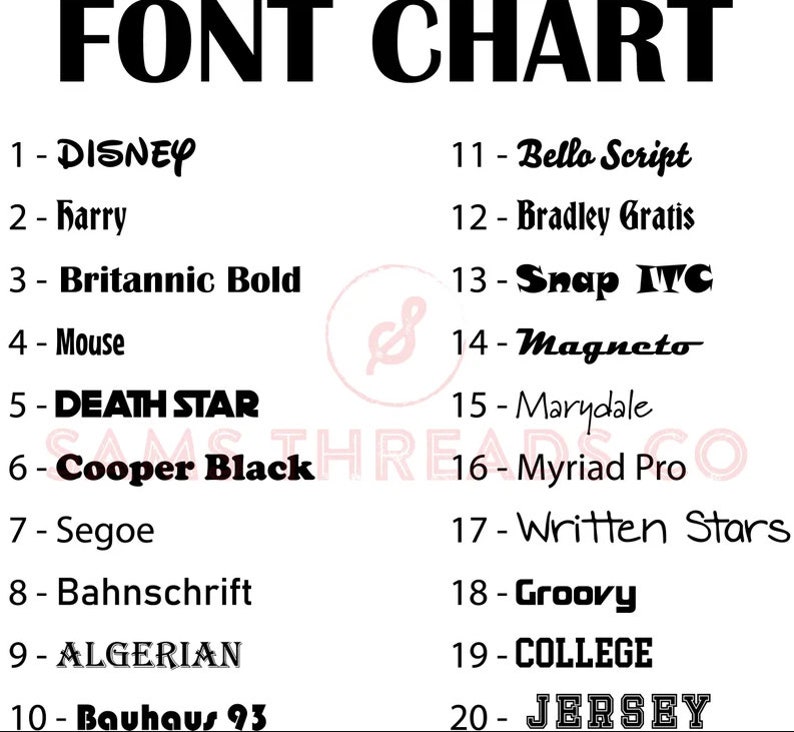 Op de afbeelding: Een grafiek met 20 verschillende lettertypen met hun namen. De lettertypen worden weergegeven in zwarte tekst op een witte achtergrond. De grafiek heeft de titel "FONT CHART".