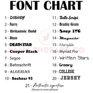 May include: A black and white font chart with 21 different font names and examples. The chart is titled "FONT CHART".