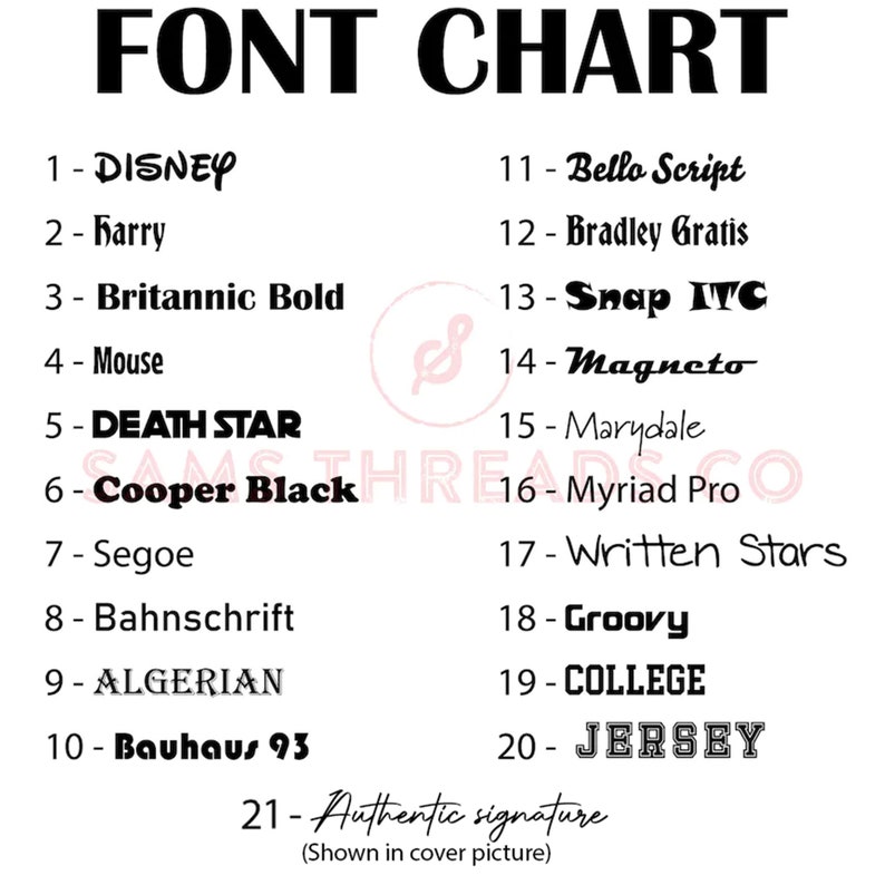 May include: A black and white font chart with 21 different font names and examples. The chart is titled "FONT CHART".