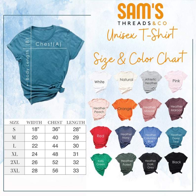 May include: Size chart for a unisex t-shirt with various colors and sizes. The chart shows the width, chest, and length measurements in inches for sizes S, M, L, XL, 2XL, and 3XL. The colors include white, natural, athletic heather, pink, heather peach, orange, heather mauve, heather maroon, red, heather navy, heather columbia blue, heather deep teal, kelly green, heather forest, heather dark grey, and black.