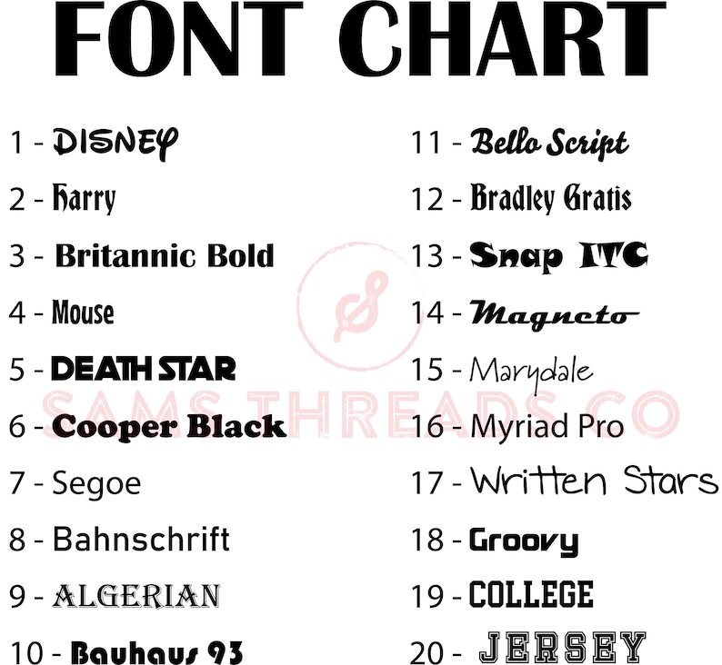 May include: A chart listing 20 different fonts with their names. The fonts are numbered 1 through 20. The chart is titled "FONT CHART".