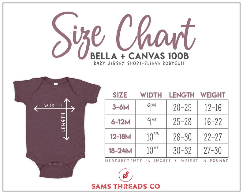 May include: A size chart for a baby bodysuit, with measurements in inches and weight in pounds. The chart includes sizes 3-6M, 6-12M, 12-18M, and 18-24M. The bodysuit is a dark mauve color. The brand is Bella + Canvas.