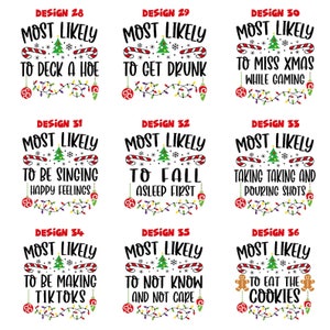 May include: Nine Christmas-themed designs with the text "Most Likely" followed by a funny holiday-related phrase. The designs feature a green Christmas tree, red and white candy canes, and colorful Christmas lights.