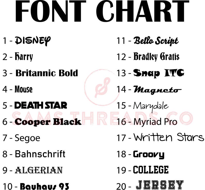 May include: A chart listing 20 different fonts with their names. The fonts are displayed in black text on a white background.