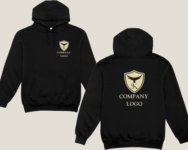 May include: Two black hooded sweatshirts with a gold company logo featuring a shield with a bird and the text "COMPANY LOGO".
