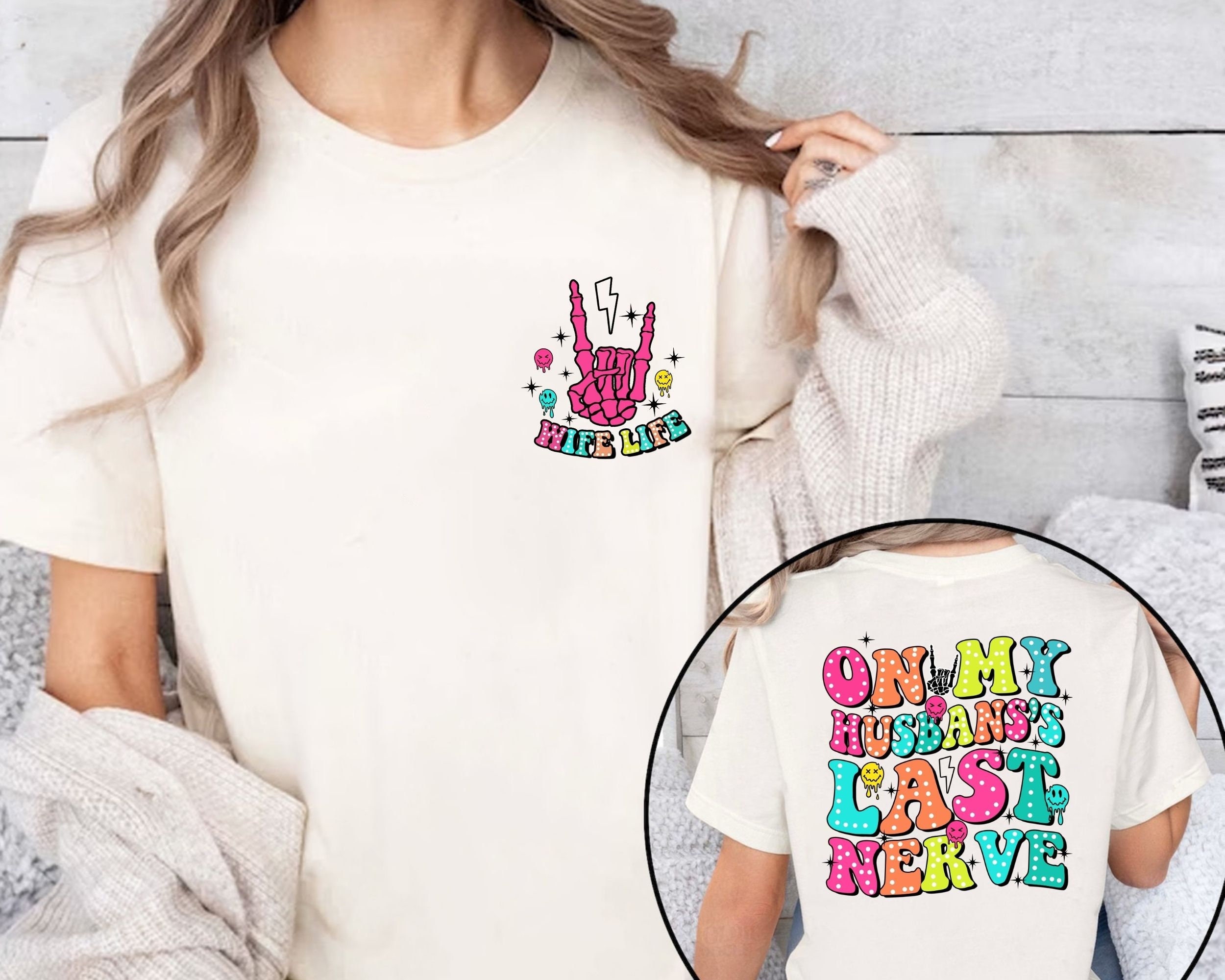 On My Husband's Last Nerve Sweatshirt, Wife Life Shirt, Funny Wife T-shirts, Pocket Design Wife Shirt, Cute Mom Shirts, Trendy Wife Shirts