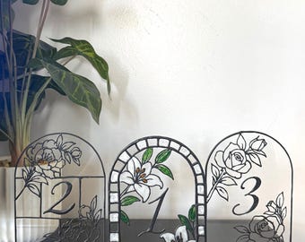 Hand Painted Wedding Table Numbers | Faux Stained Glass Table Signs | Floral Acrylic Wedding Decor | Custom Table Numbers